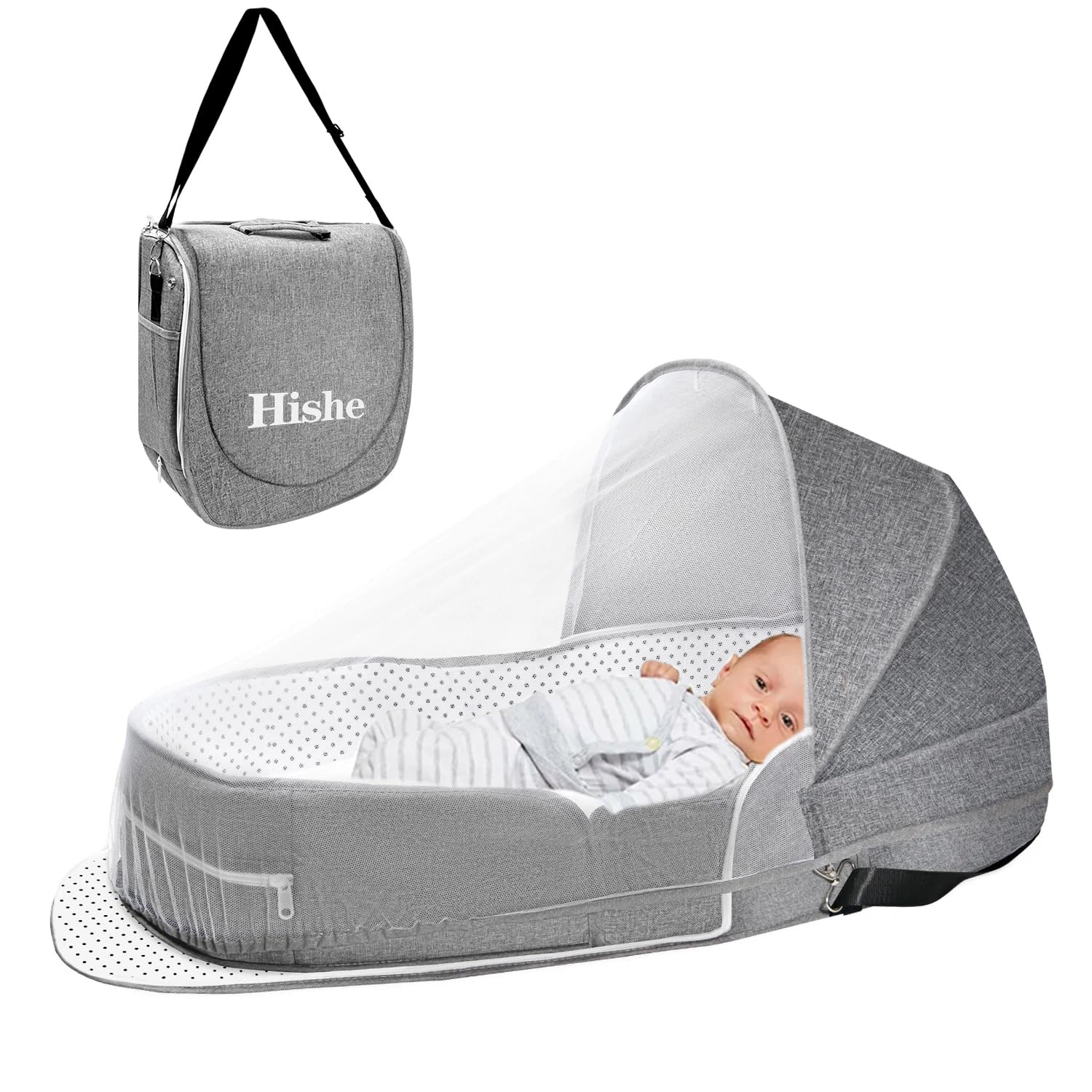 Hishe baby travel bassinet folded into a compact backpack for easy portability.