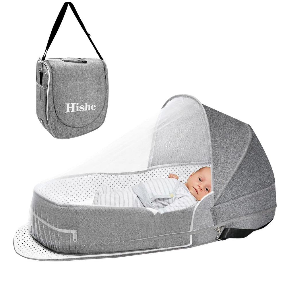 Hishe baby travel bassinet folded into a compact backpack for easy portability.