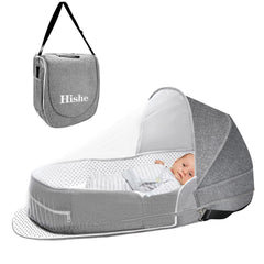 Hishe baby travel bassinet folded into a compact backpack for easy portability.