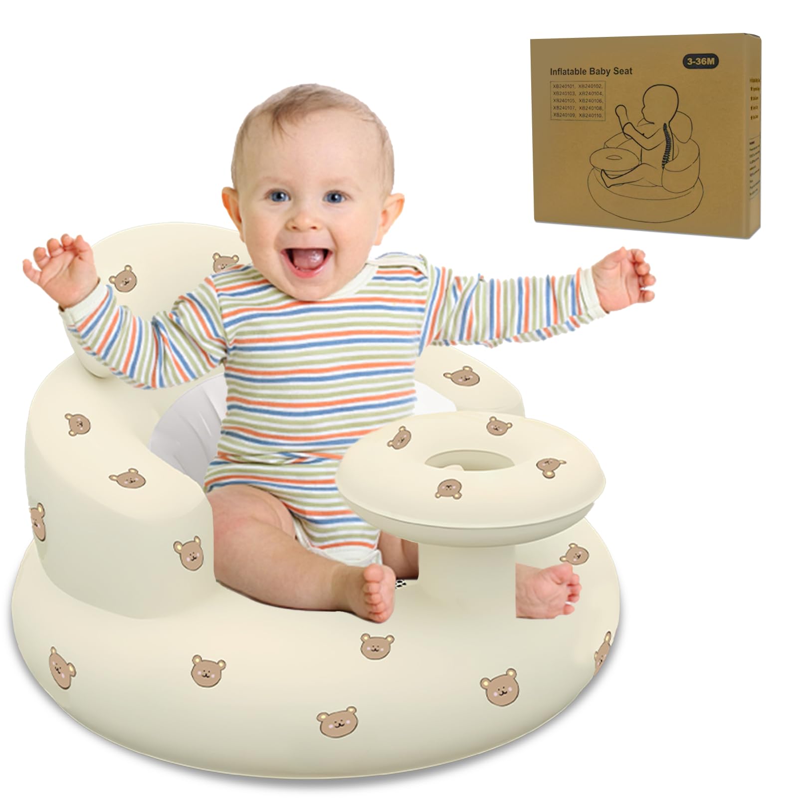 HitTopss inflatable baby seat front view shows secure coziness and supported posture for early sitting
