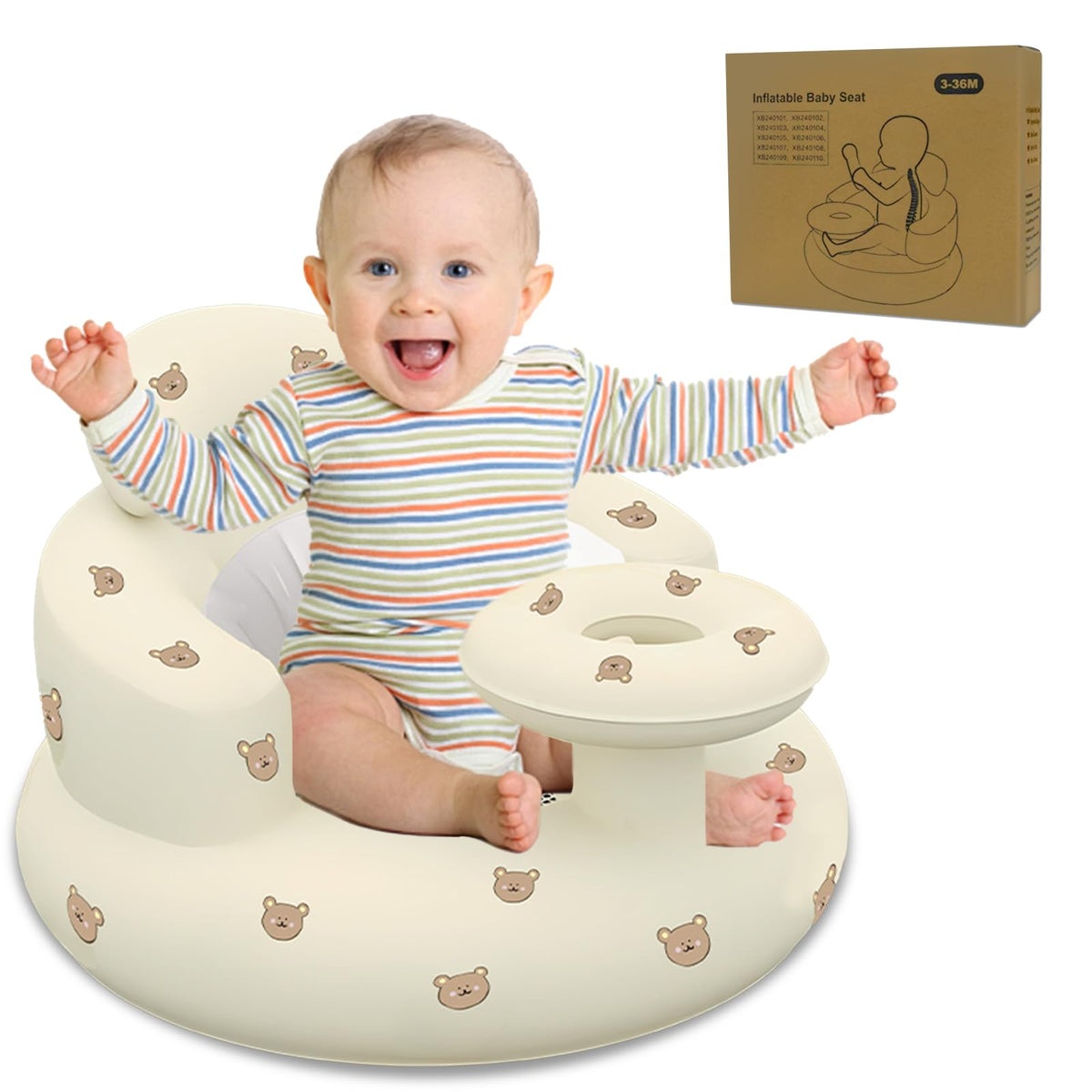 HitTopss inflatable baby seat front view shows secure coziness and supported posture for early sitting