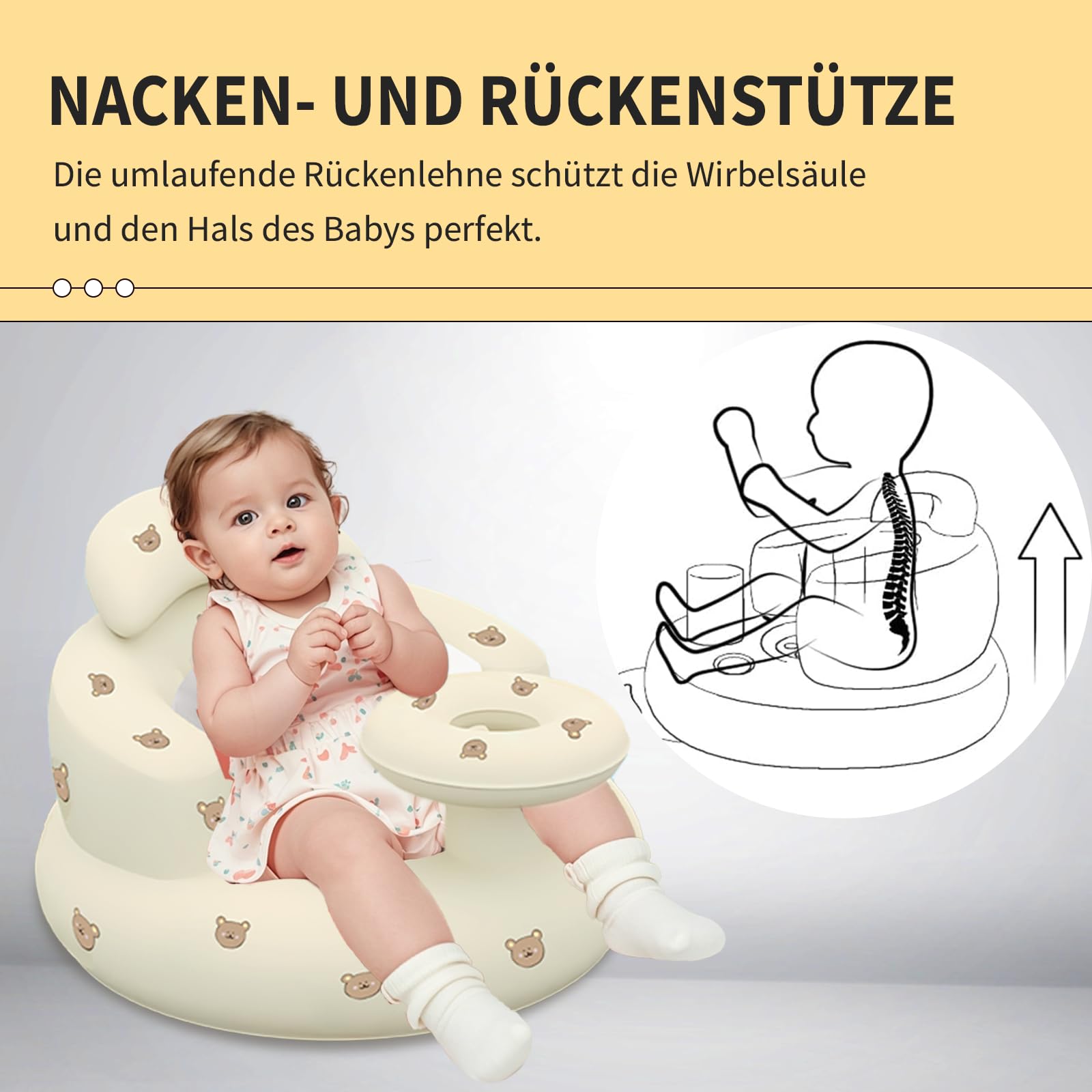HitTopss inflatable baby seat side view highlights wraparound support for upright sitting