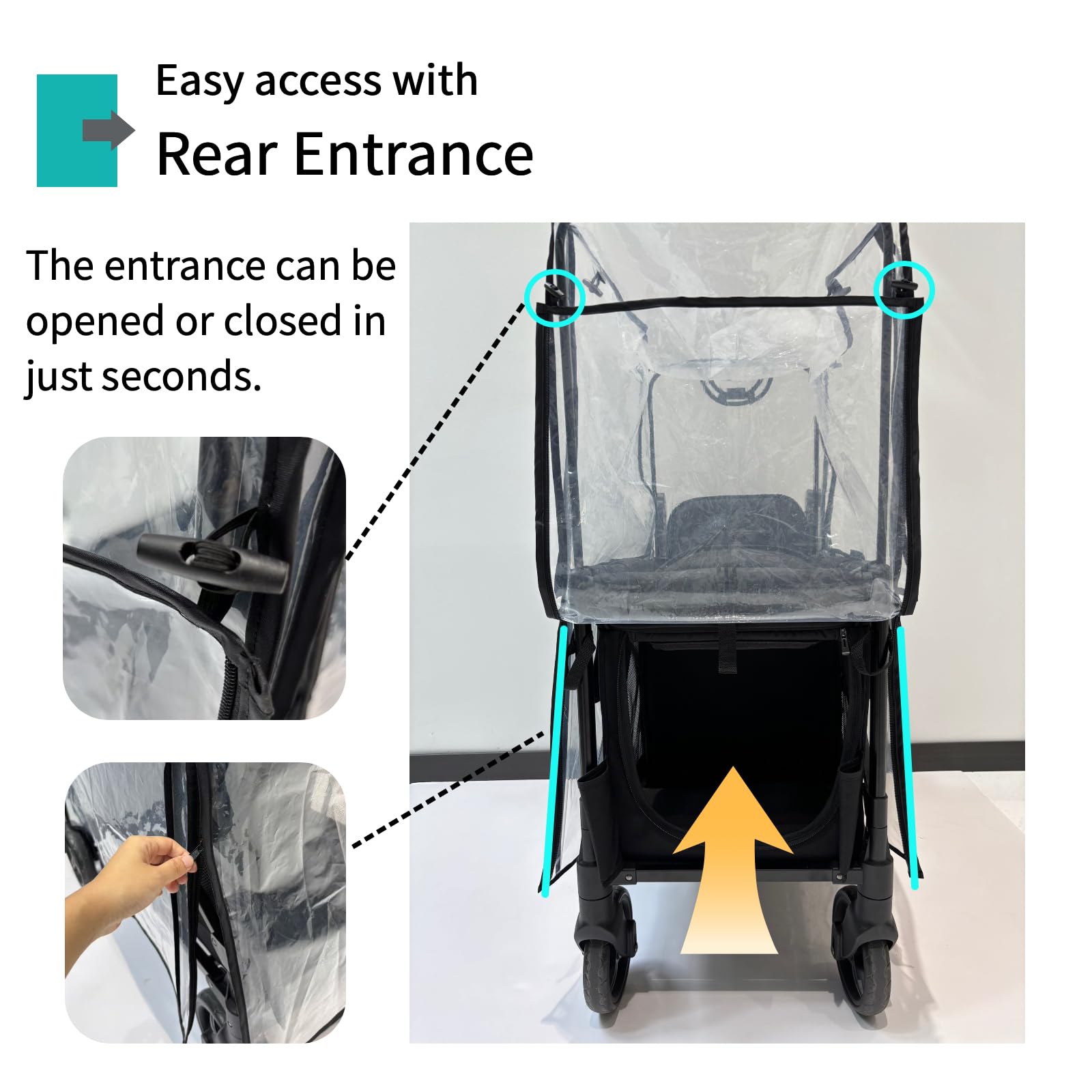 Hiviva rain cover interior view shows accessible storage basket for essentials