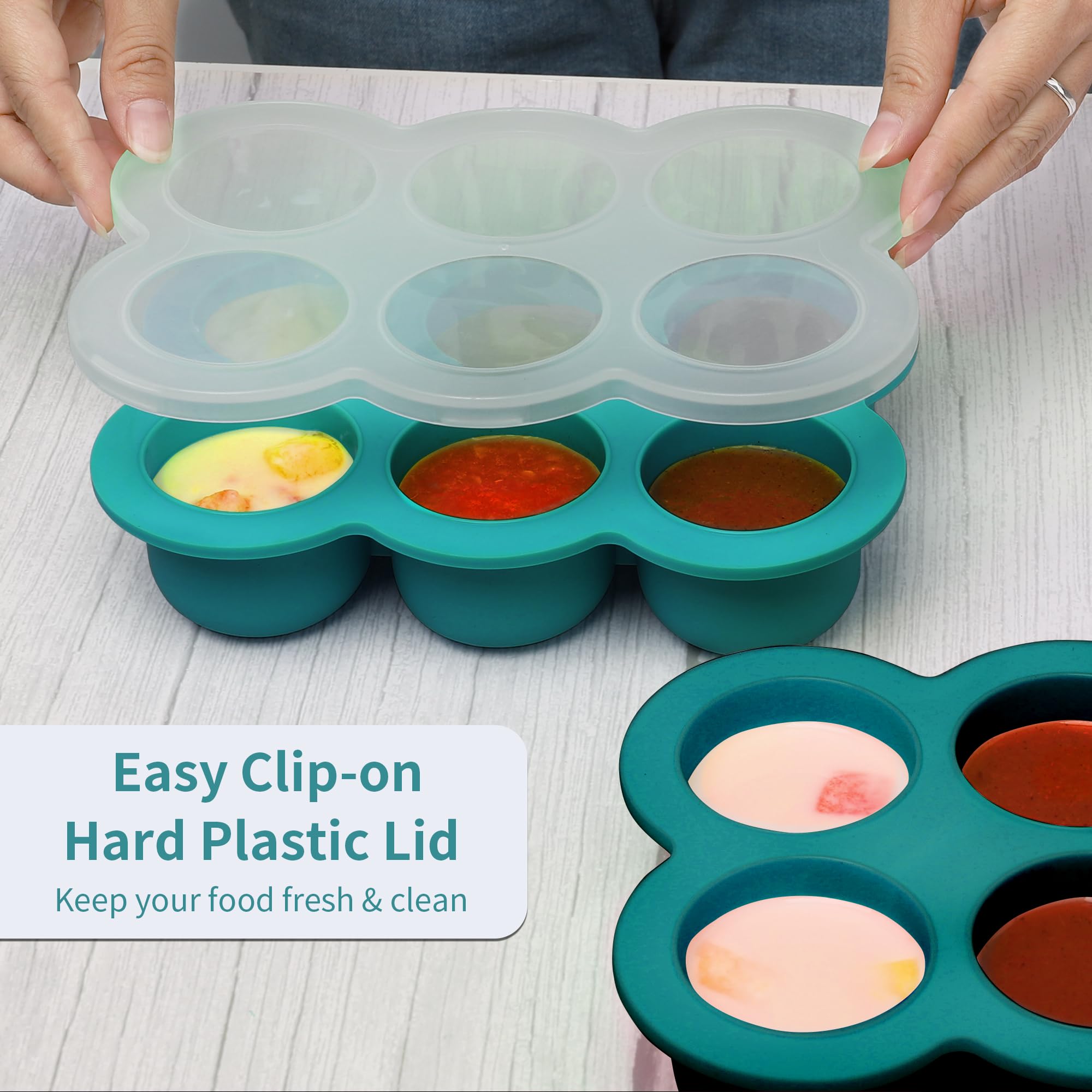 HIWOOD BPA-free clip-on lid keeps baby food fresh in the freezer