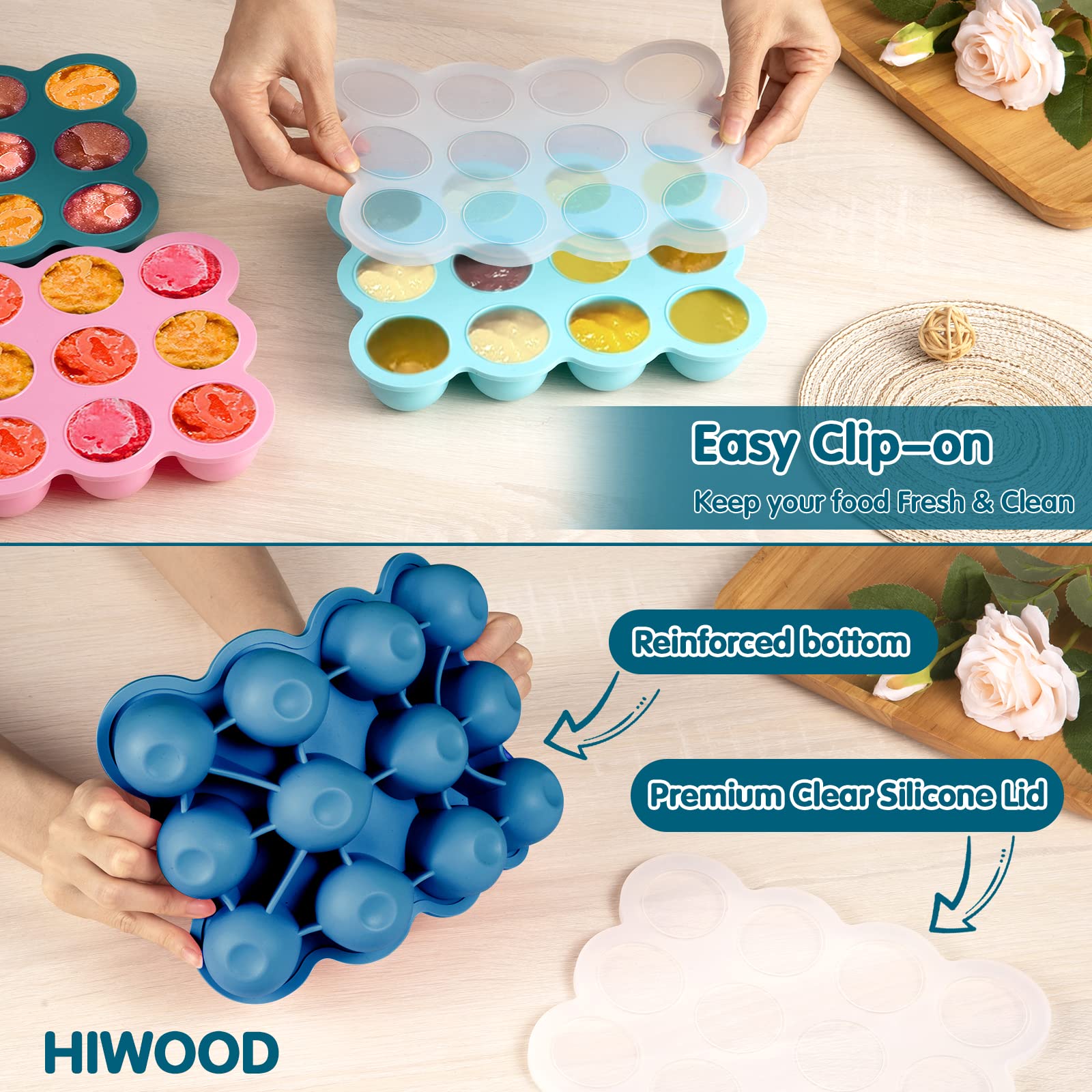 HIWOOD freezer tray with clip-on lid showing leak-free transport.