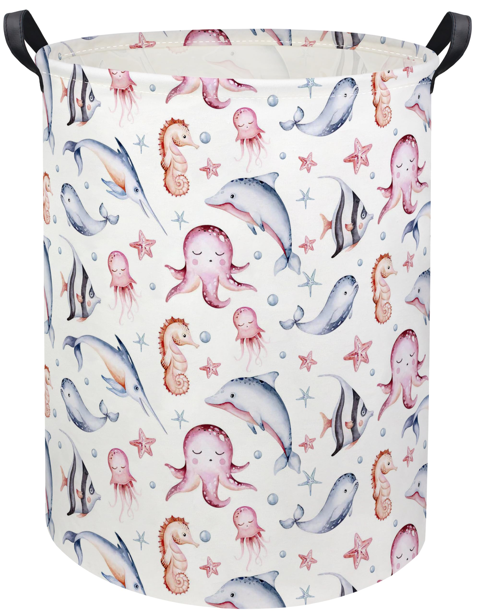 HIYAGON baby laundry basket with dinosaur pattern in pink ocean keeps nursery toys organized.
