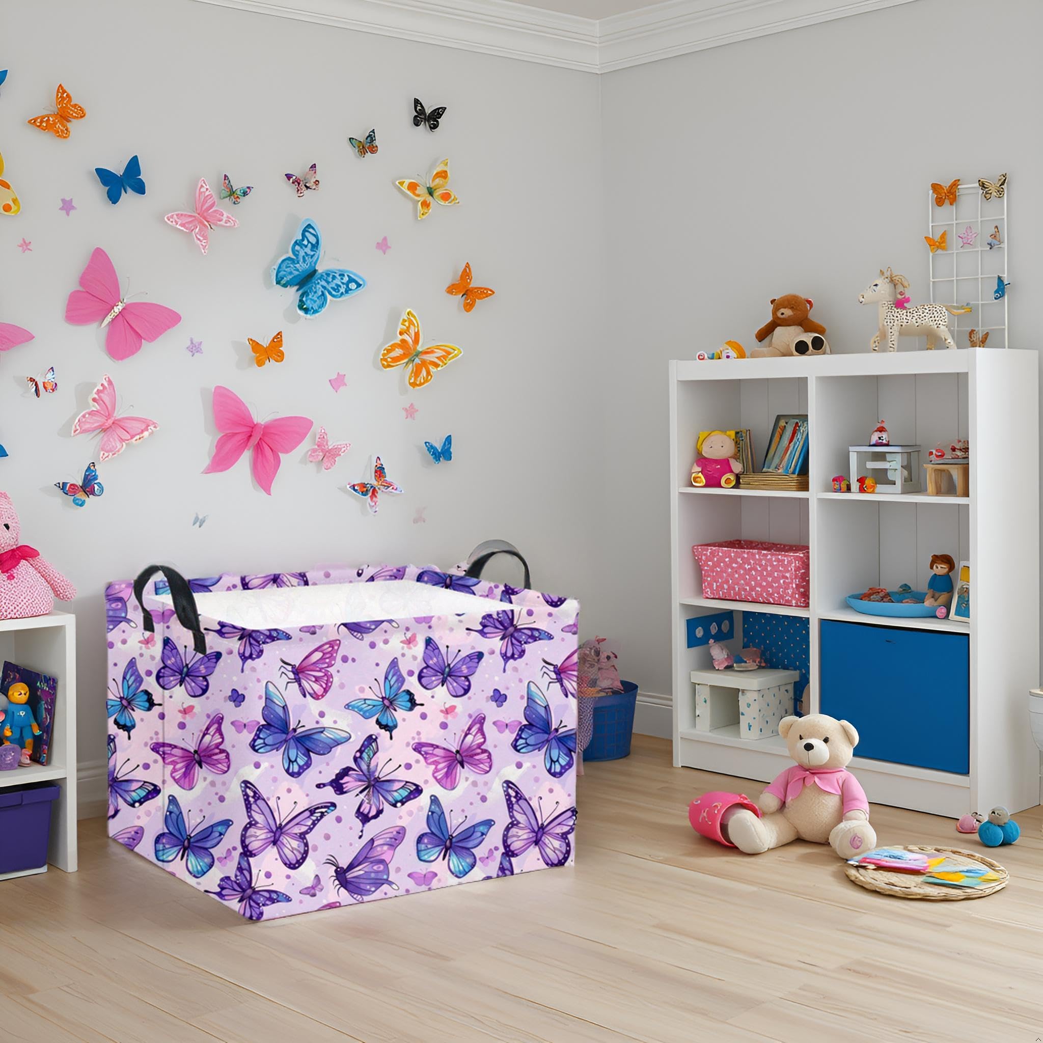 HIYAGON rectangular butterfly basket in living room stores throws and books.