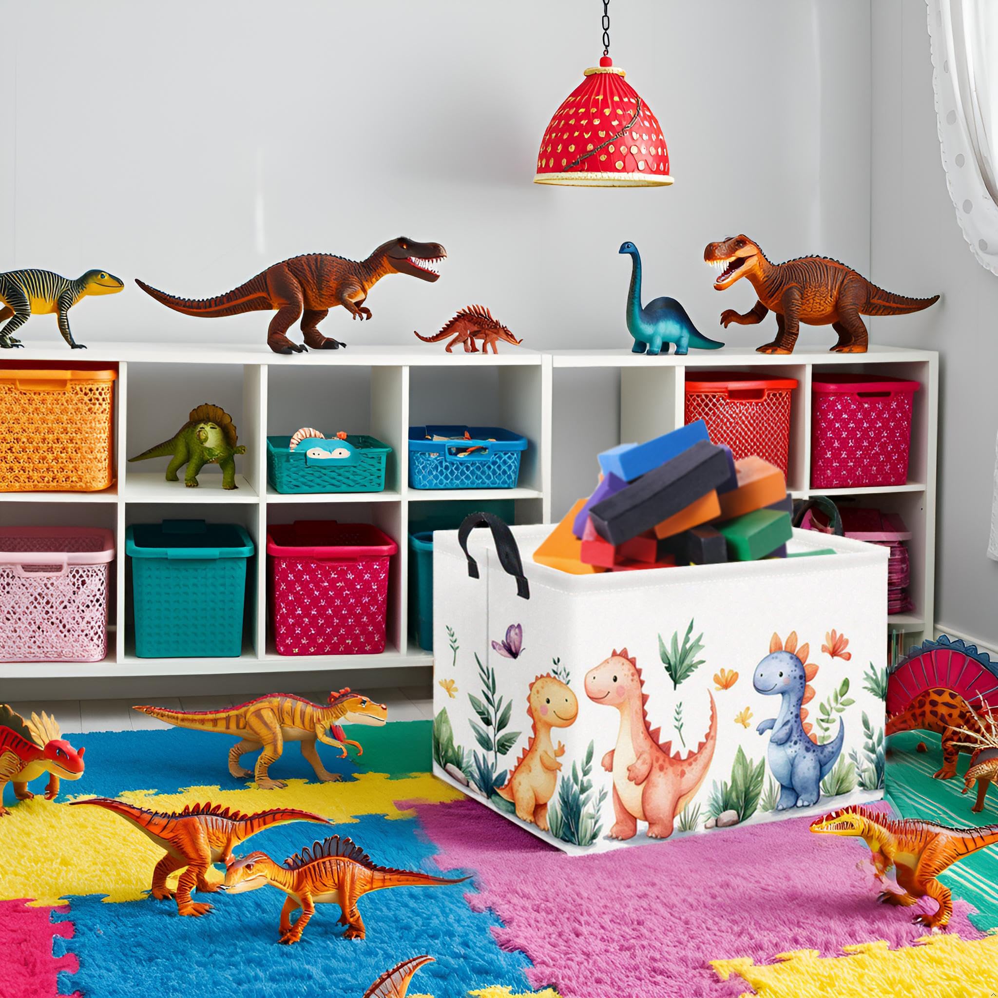 HIYAGON dinosaur basket side view ideal for bedroom organization.