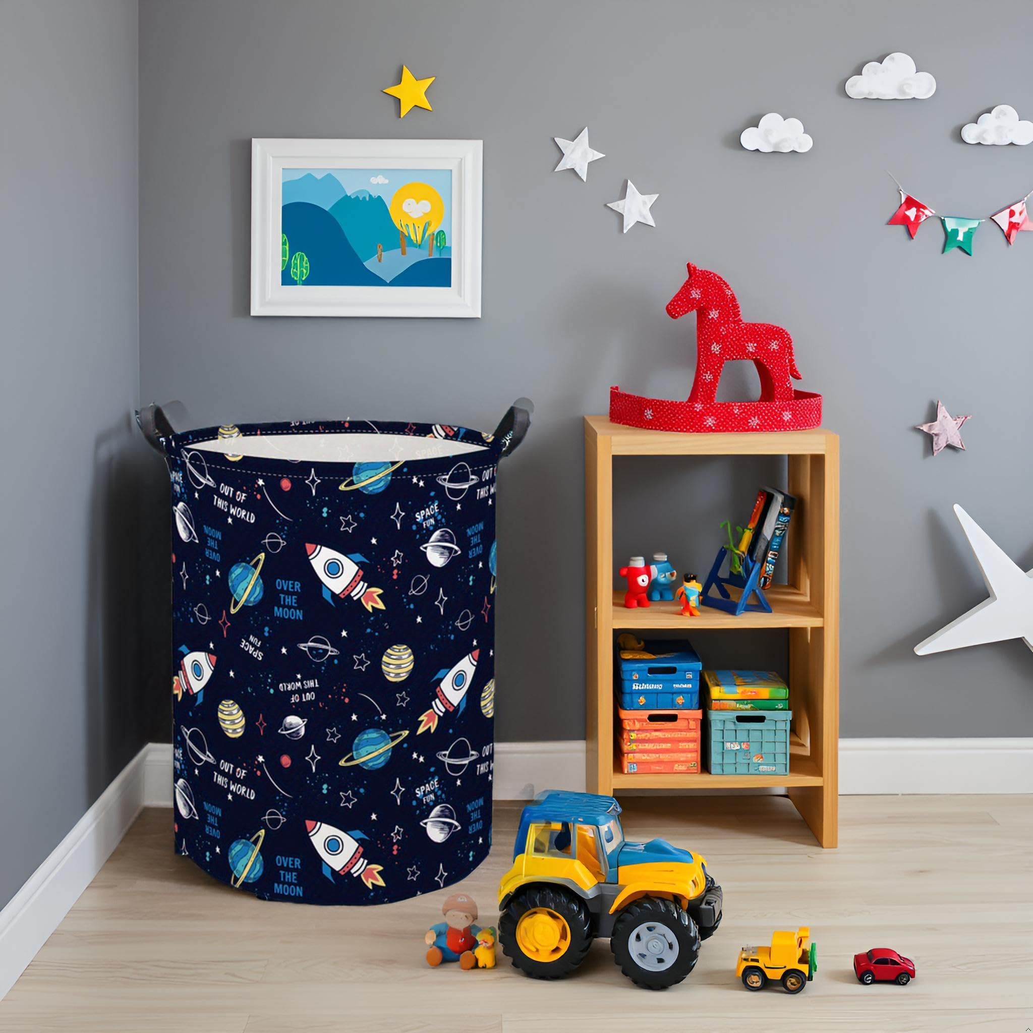 HIYAGON nursery hamper showcases dinosaur pattern; great for organizing clothes and toys.