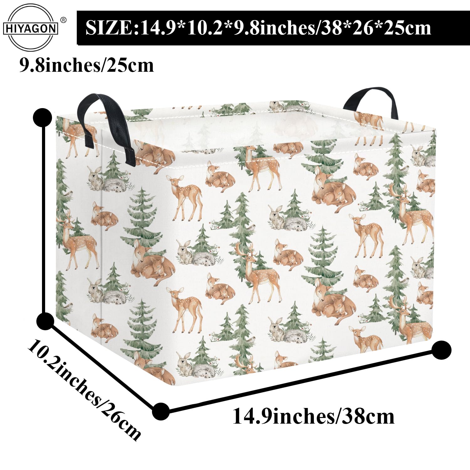 HIYAGON forest deer basket next to bed for towels and nighttime essentials.