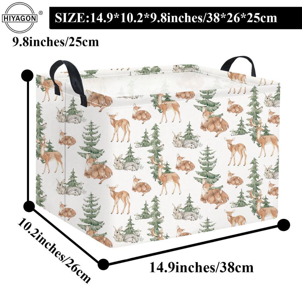 HIYAGON forest deer basket next to bed for towels and nighttime essentials.