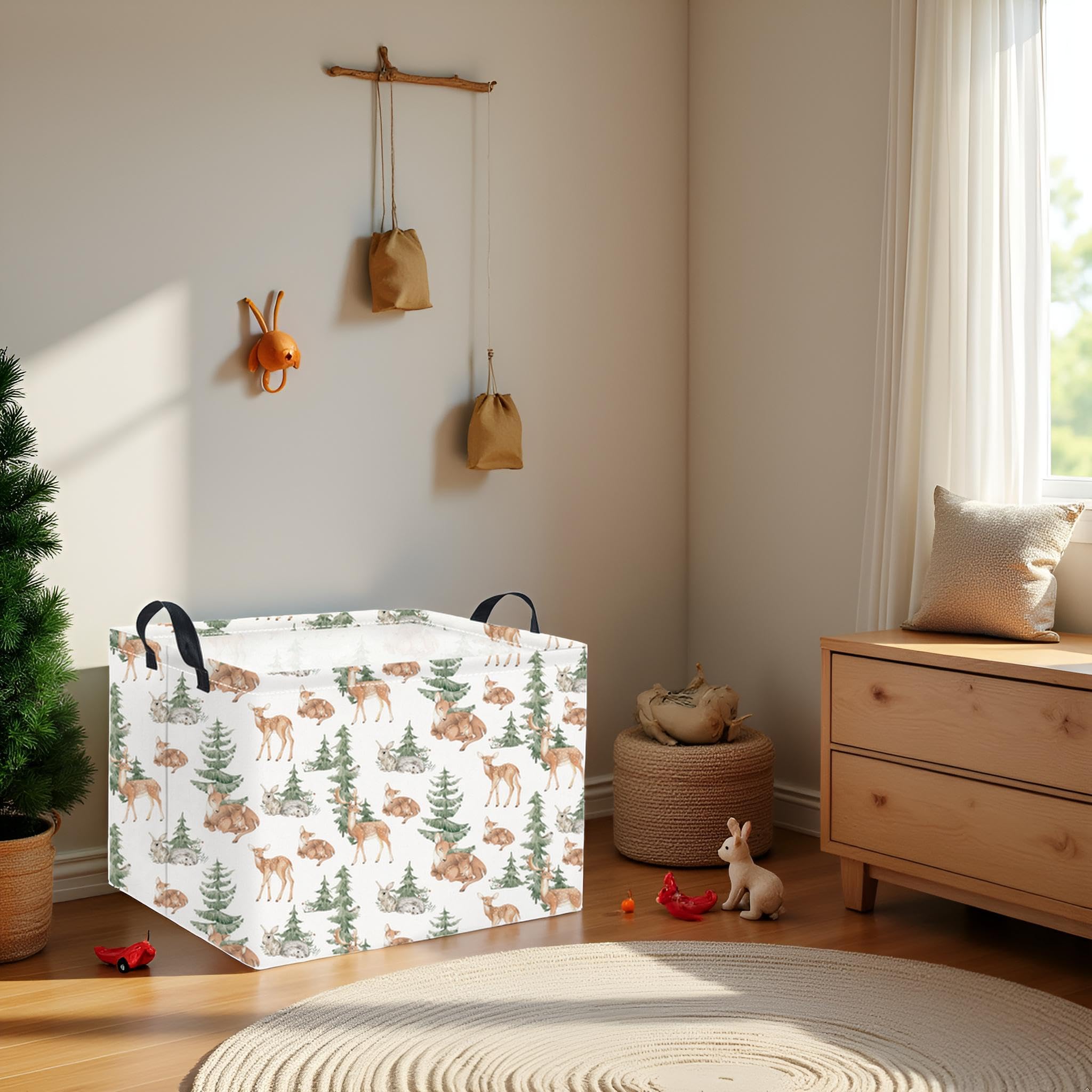 HIYAGON forest deer basket in living room setup holding throws and books.