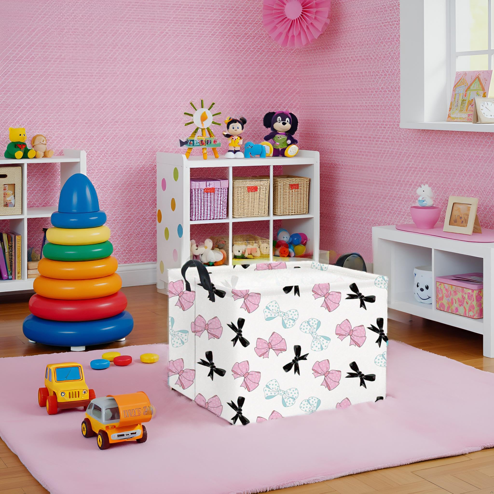 HIYAGON bowknot basket filled with toys demonstrates versatile living room storage