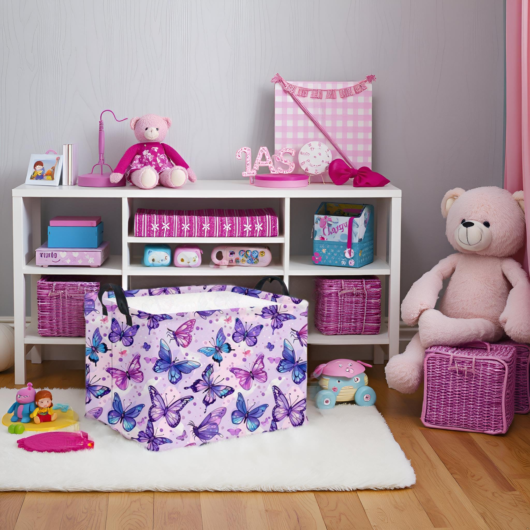 HIYAGON rectangular butterfly basket side view for organized kids' room.