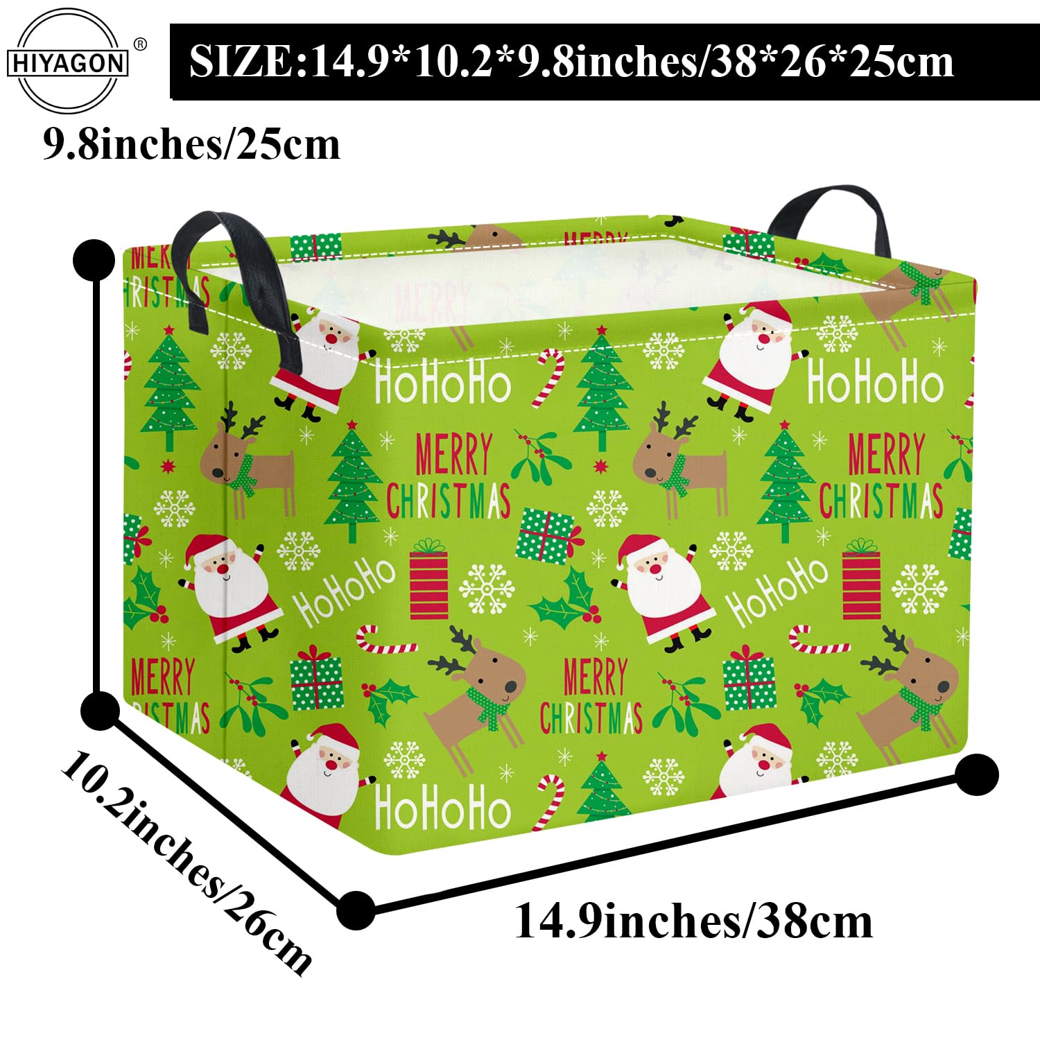 HIYAGON rectangular Christmas basket green portability demonstrated by attached leather handles.