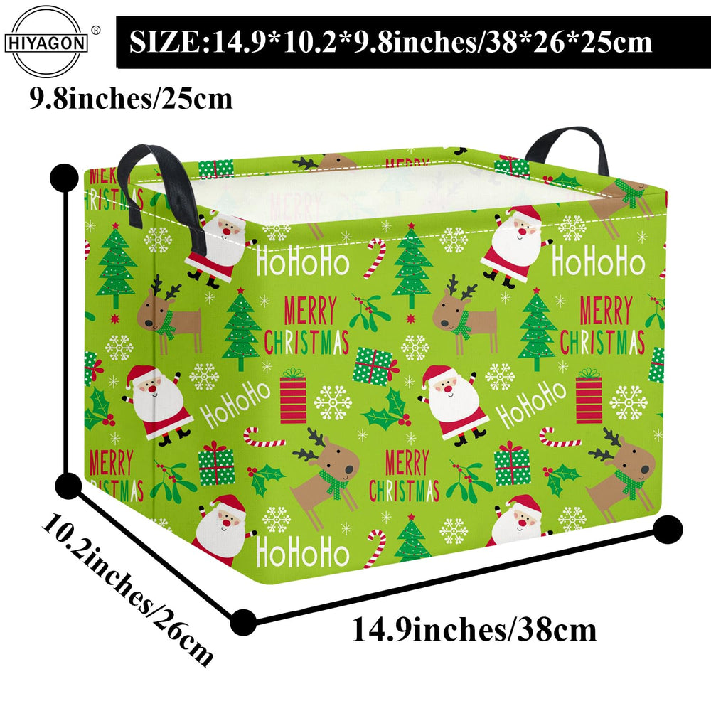 HIYAGON rectangular Christmas basket green portability demonstrated by attached leather handles.