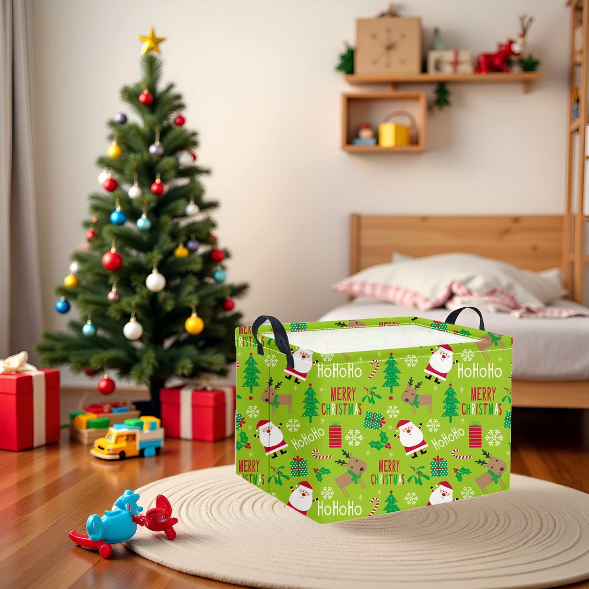 HIYAGON rectangular Christmas basket green living room scene showcases throw blanket organization.