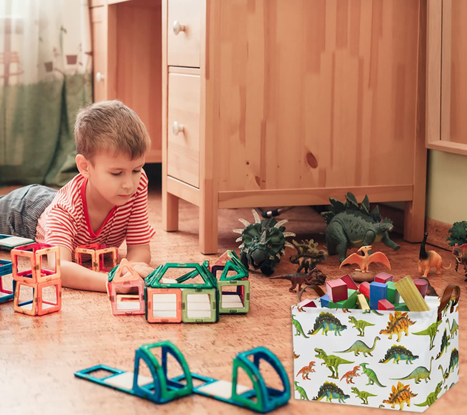 HIYAGON rectangular dinosaur basket folds flat for compact storage when not in use.
