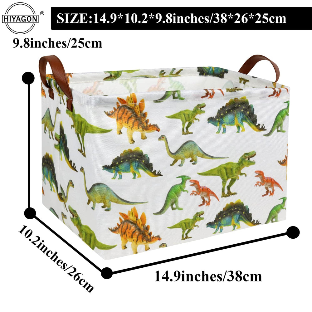 HIYAGON rectangular dinosaur basket interior features waterproof lining to protect contents.