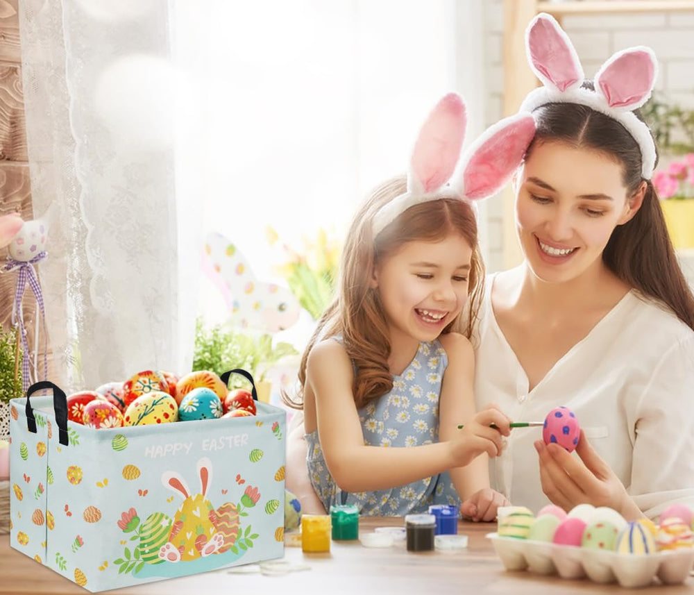 HIYAGON Easter basket blue interior shows waterproof lining for easy cleaning.