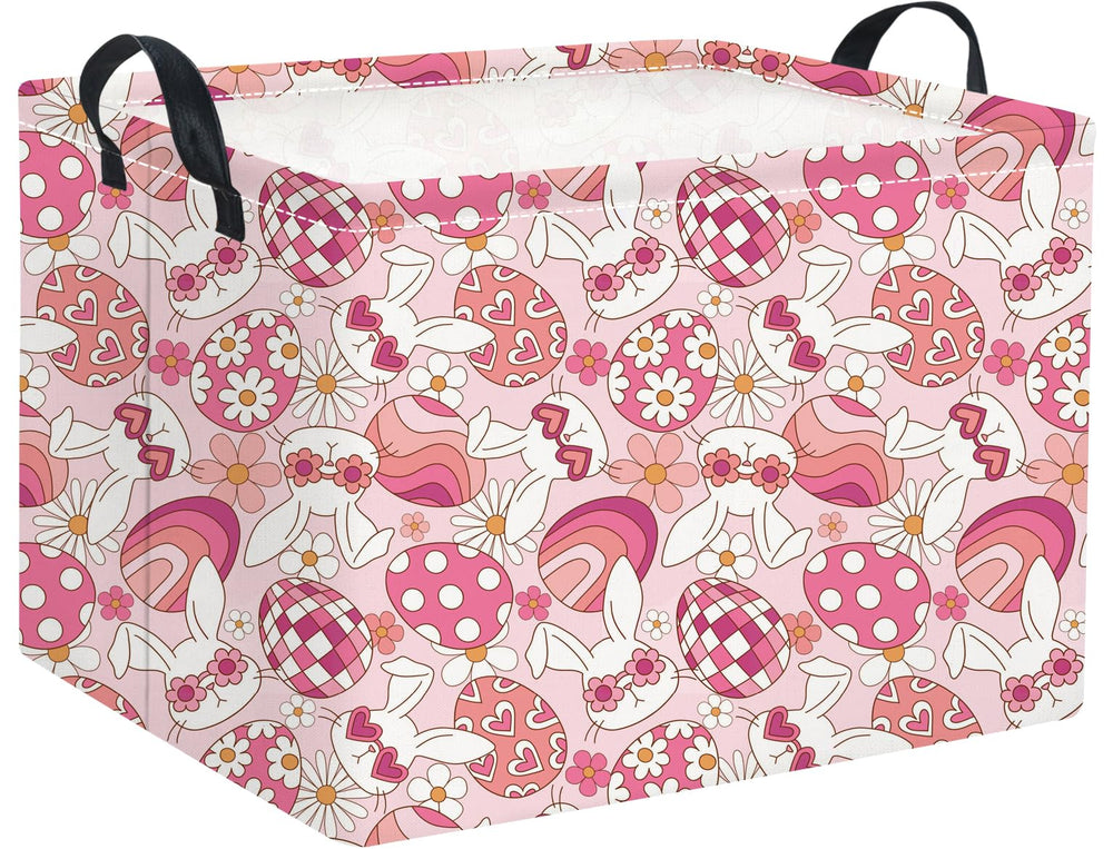 HIYAGON rectangular Easter basket pink bunny front view shows durable canvas storage for kids