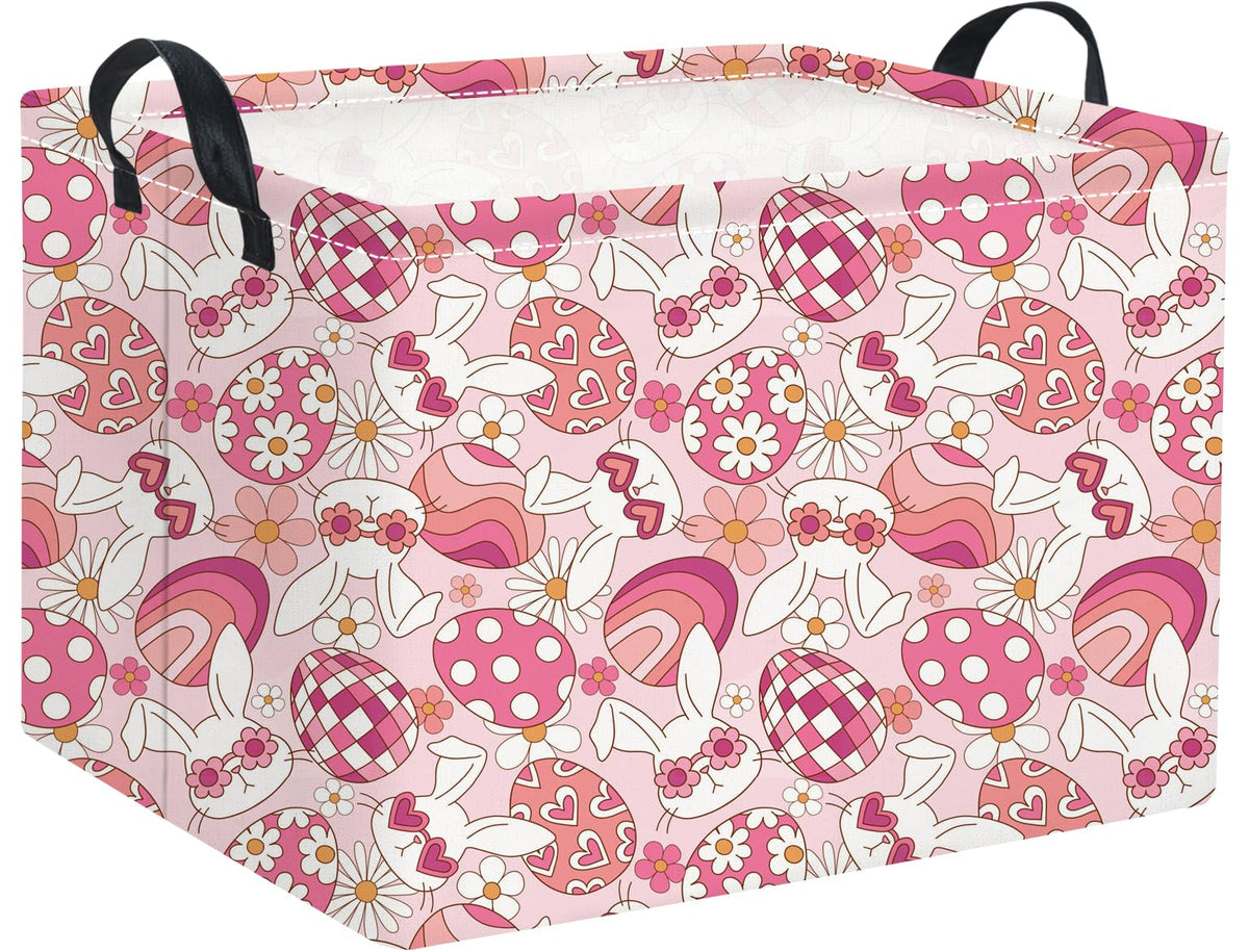 HIYAGON rectangular Easter basket pink bunny front view shows durable canvas storage for kids