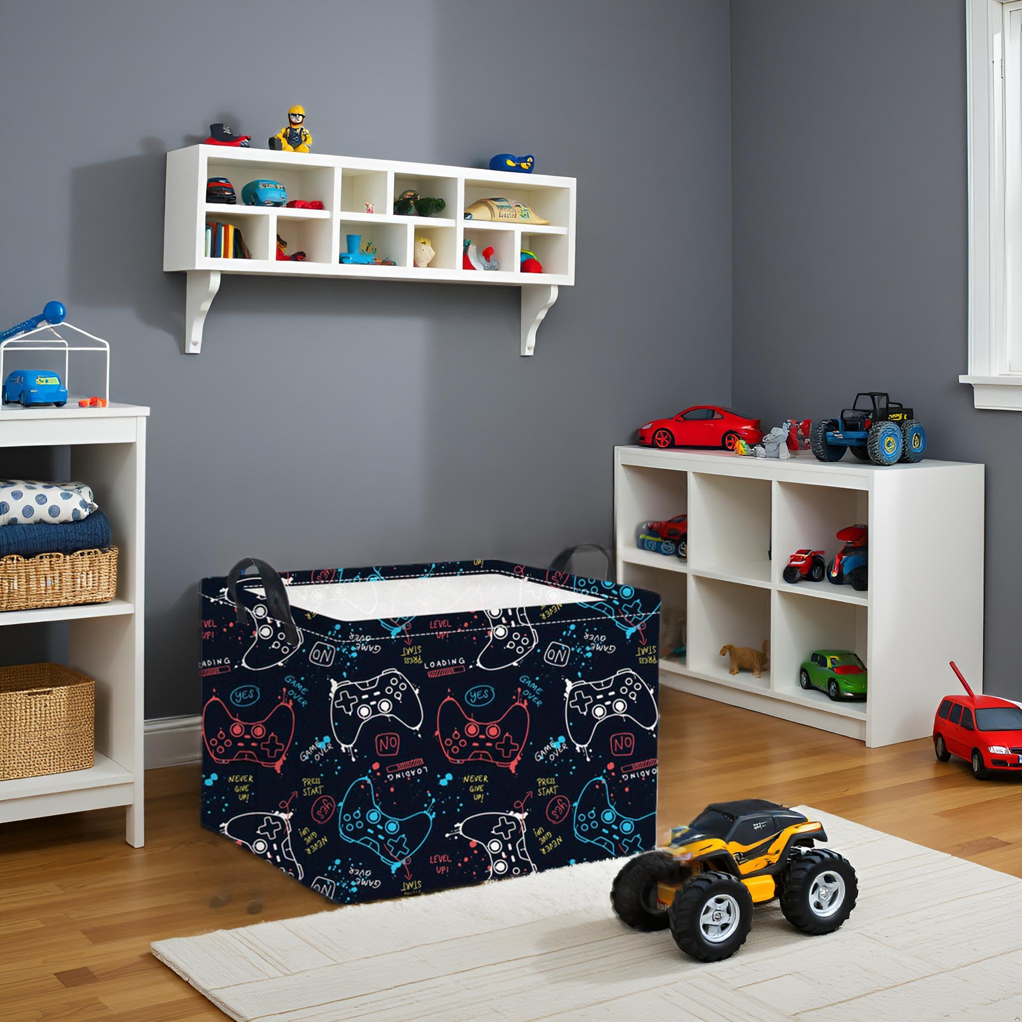 HIYAGON rectangular game basket in living room doubles as decor and organization.