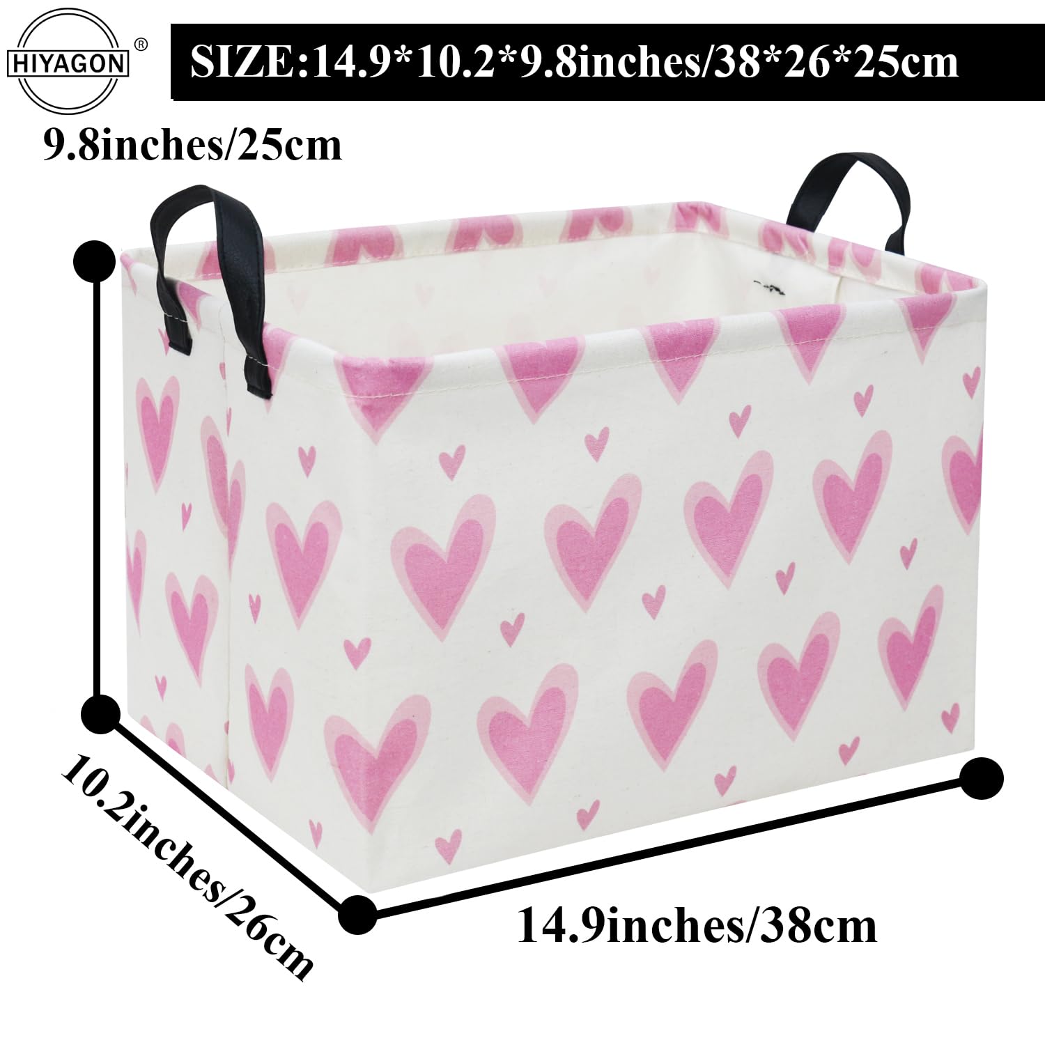 HIYAGON rectangular heart pink gift basket close-up highlights linen-cotton feel and waterproof coating