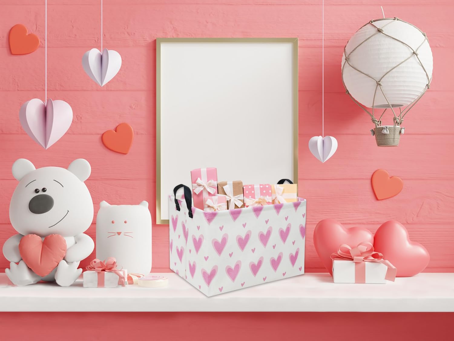 HIYAGON rectangular heart pink gift basket with side handle for easy movement
