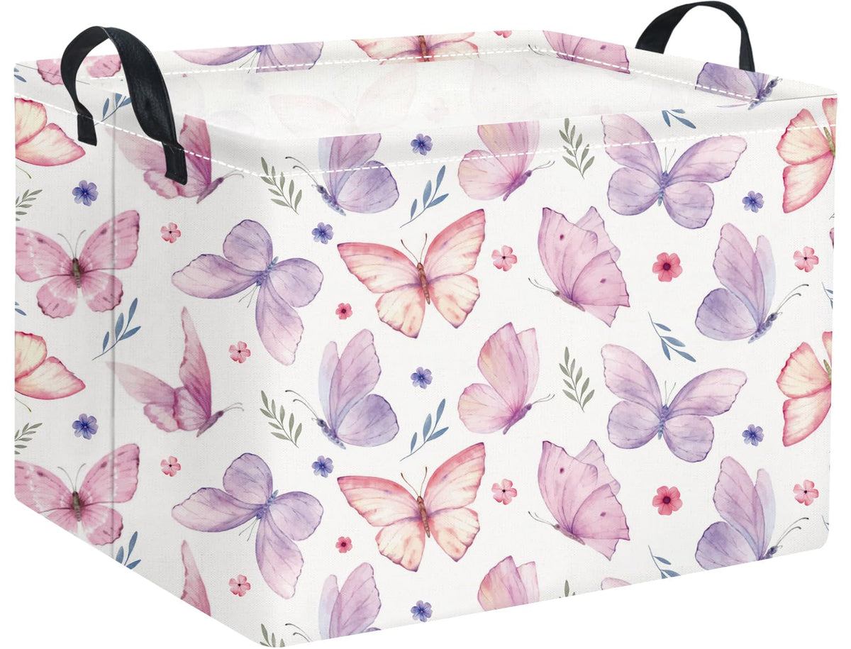 HIYAGON rectangular pink basket with watercolor butterfly design for stylish storage