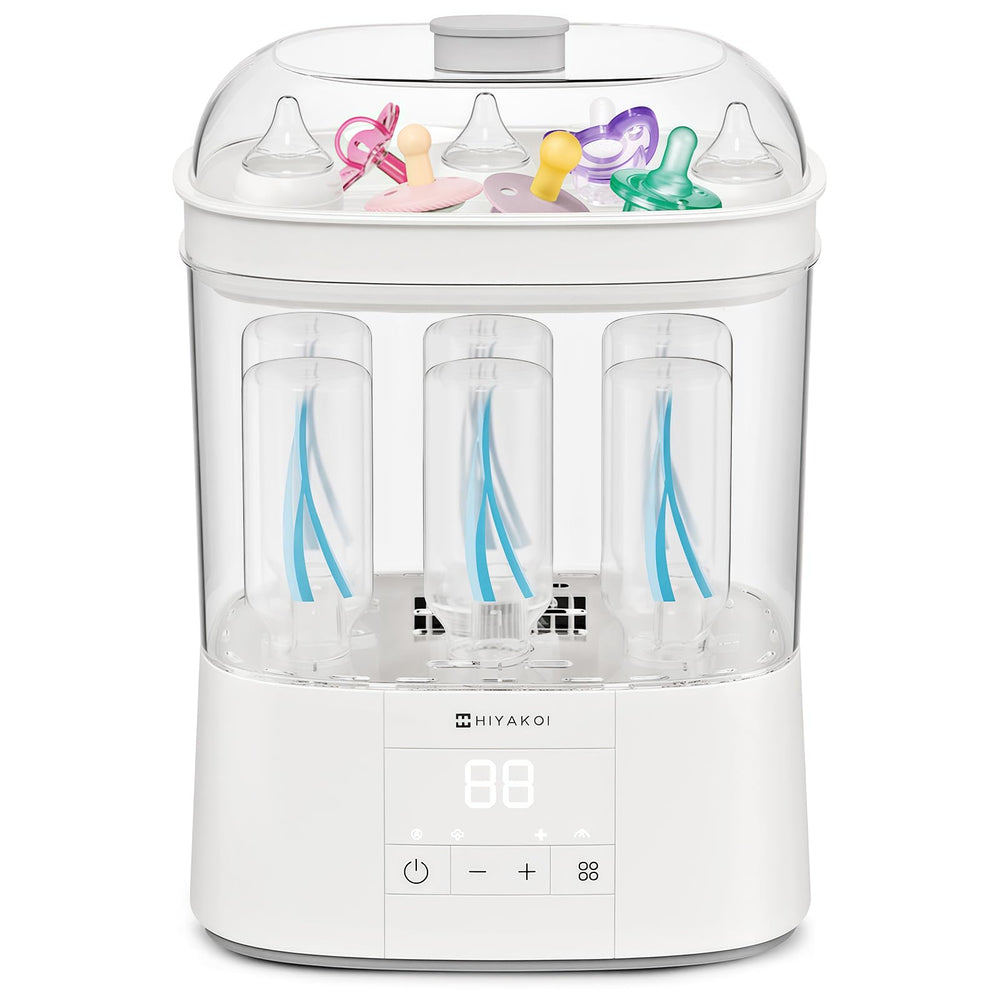 HIYAKOI bottle sterilizer-dryer front view shows space-saving two-layer design for busy kitchens.