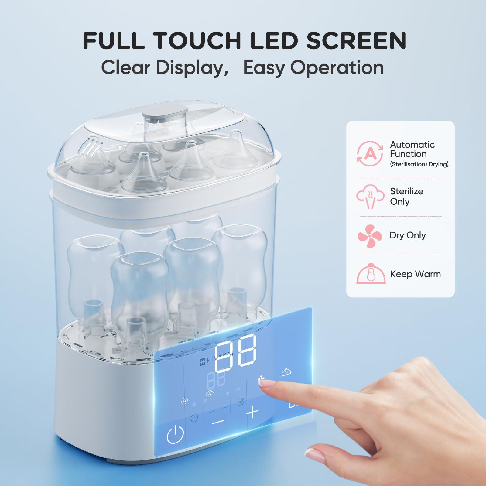 HIYAKOI bottle sterilizer-dryer HEPA-filter close-up highlights clean air drying.