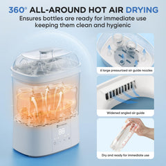 HIYAKOI bottle sterilizer-dryer steam function highlights fast sterilization for busy mornings.