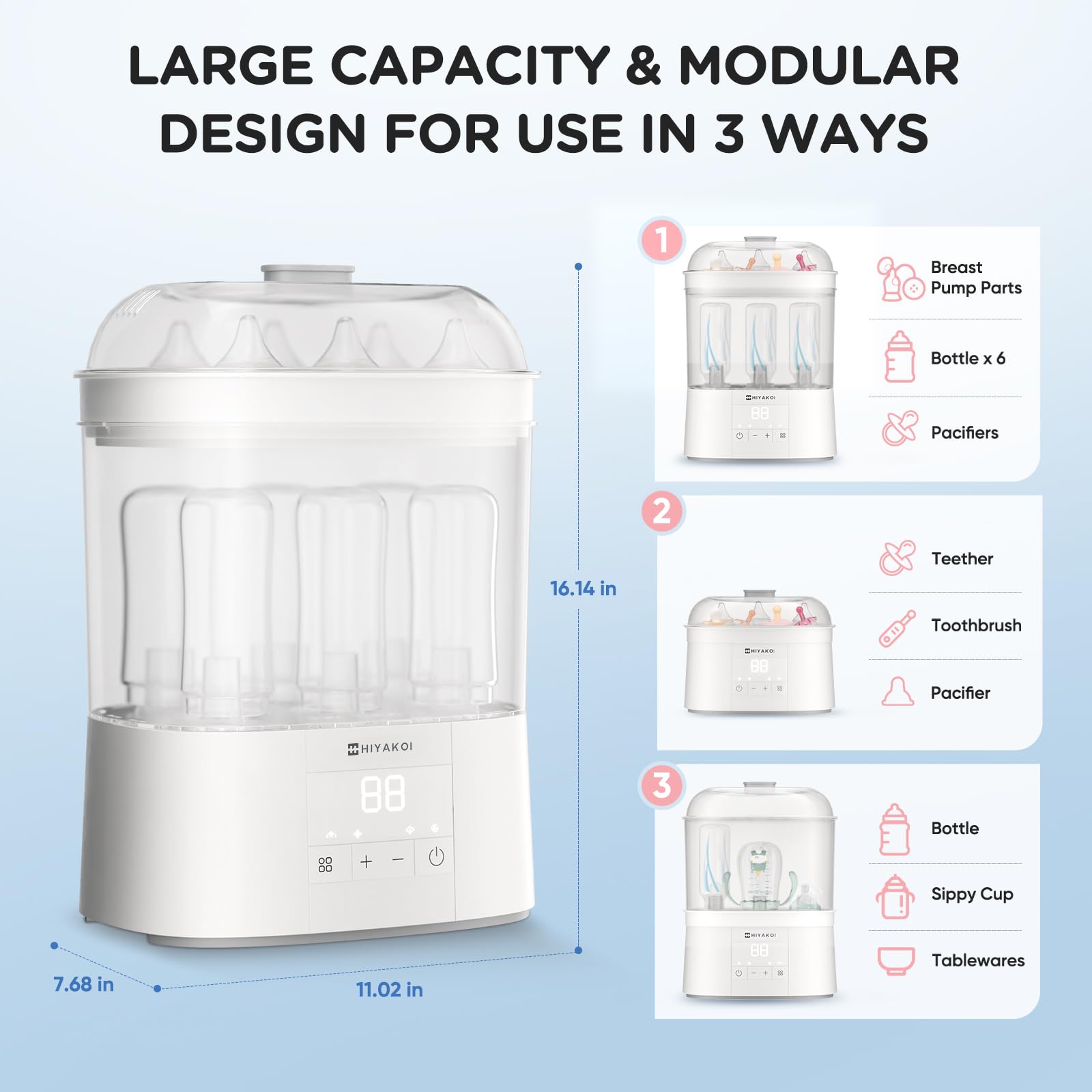 HIYAKOI bottle sterilizer-dryer two-layer design demonstrates six-bottle capacity for busy families.