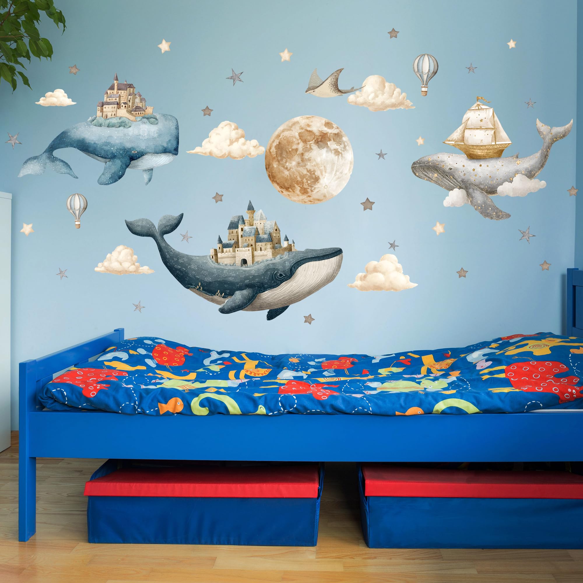 HJKlove castle art decor mural adds whimsical underwater kingdom to kids' rooms.