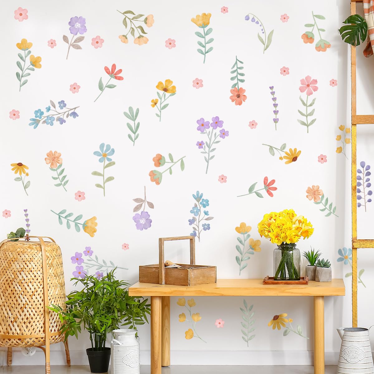 HJKlove boho watercolor flower wall decal close-up with vibrant blooms for a quick room refresh