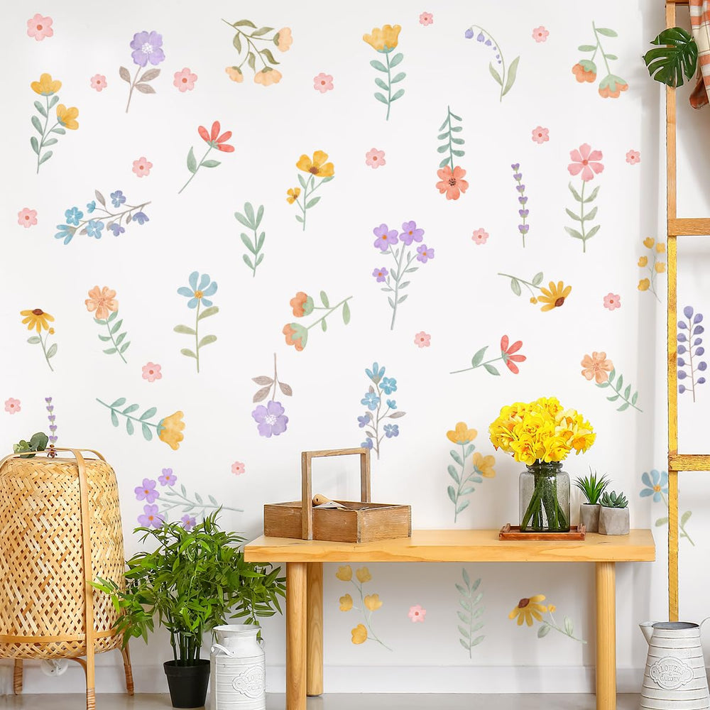HJKlove boho watercolor flower wall decal close-up with vibrant blooms for a quick room refresh