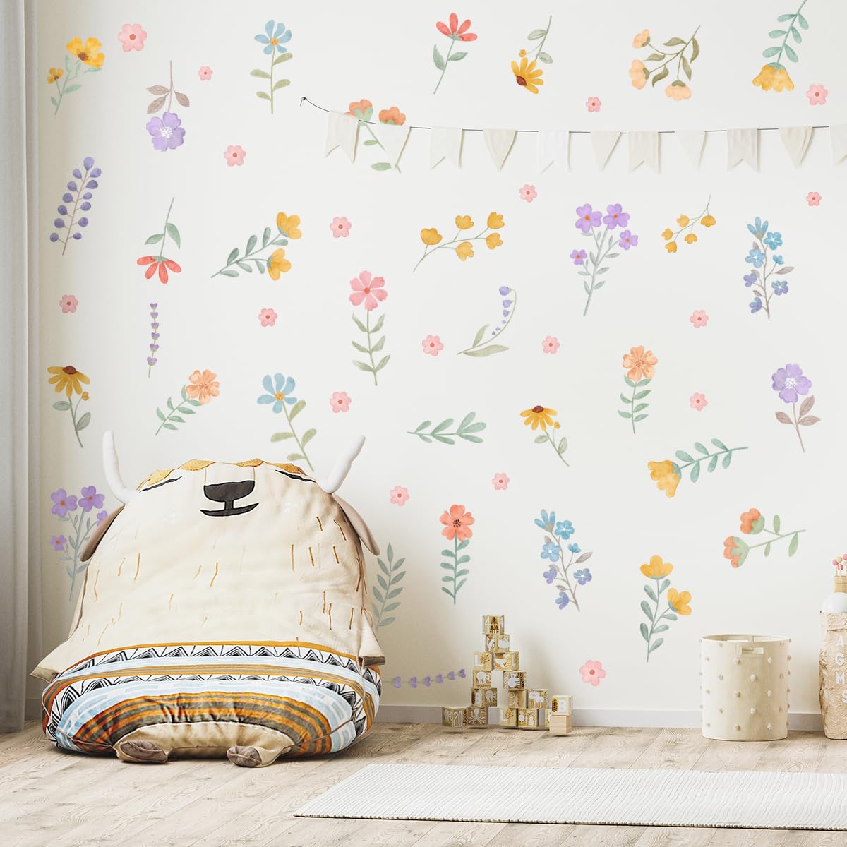 HJKlove boho floral decals in a kid's room offering durable, color-retaining vinyl