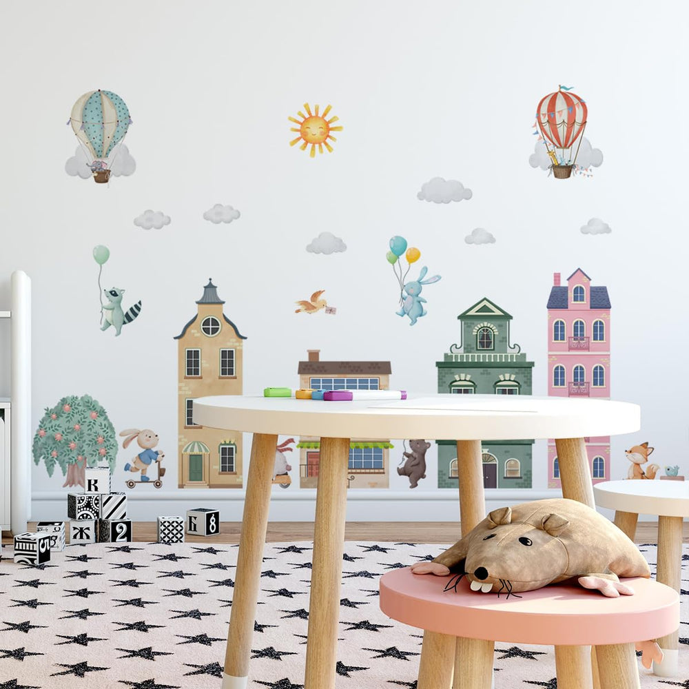 HJKlove city architecture houses clouds sun wall decal helps create dreamy play areas