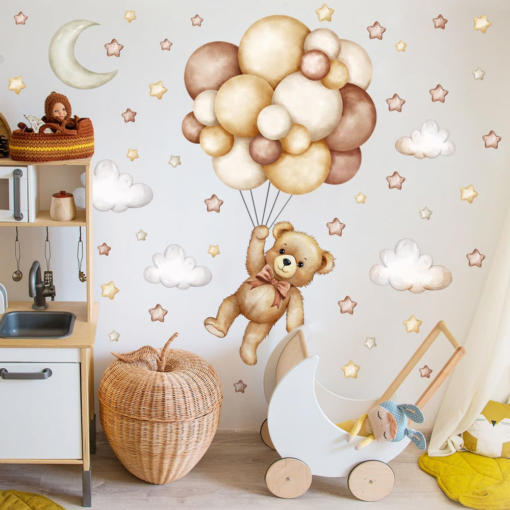 HJKlove teddy bear wall decal with clouds adds soft, airy charm to baby room decor