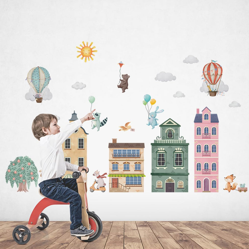 HJKlove watercolor city balloons wall decal brightens the playroom with whimsical skyline