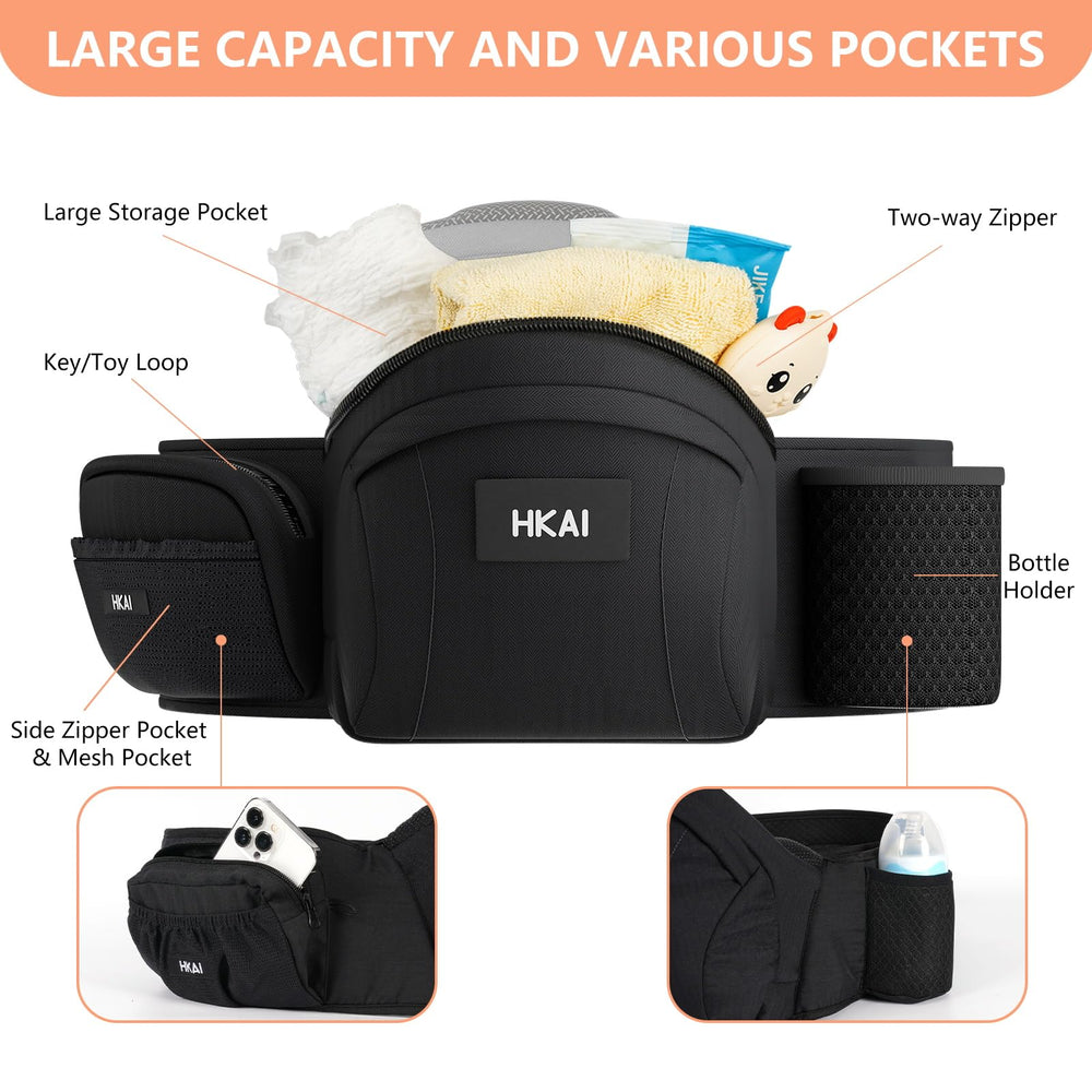 HKAI baby carrier hip seat newborn position demonstrates snug support for tiny riders.