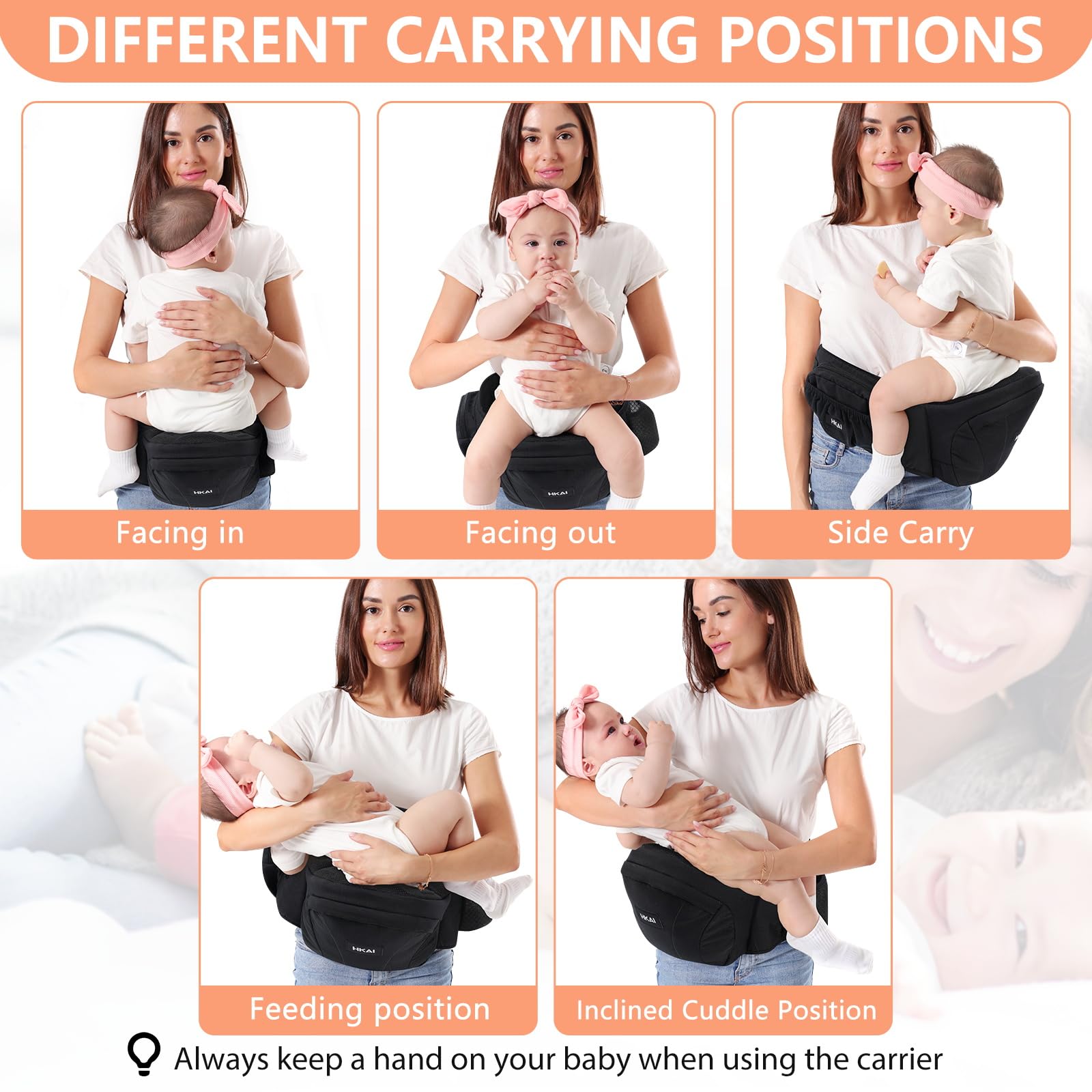 HKAI baby carrier hip seat safety buckle emphasizes protective design during carry.
