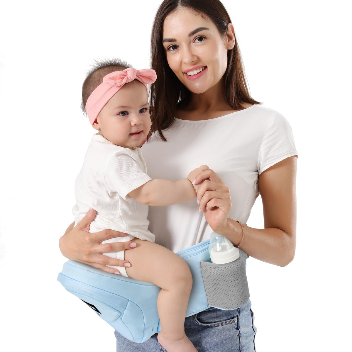 HKAI baby hip carrier front view shows ergonomic support for hands-free use