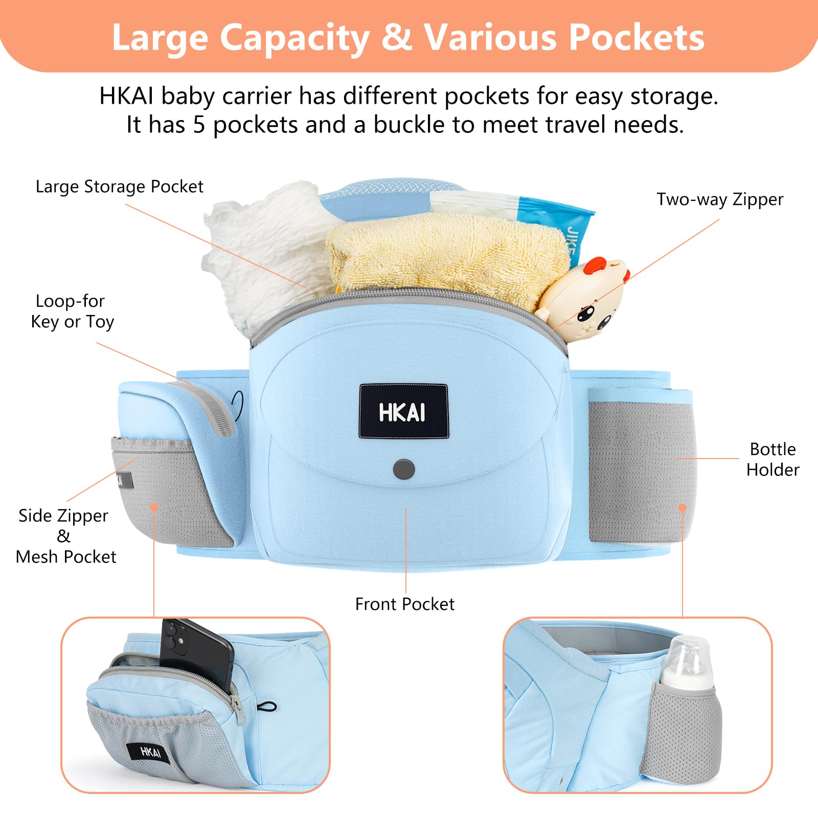 HKAI hip-seat closeup highlights ergonomic M-position for baby comfort