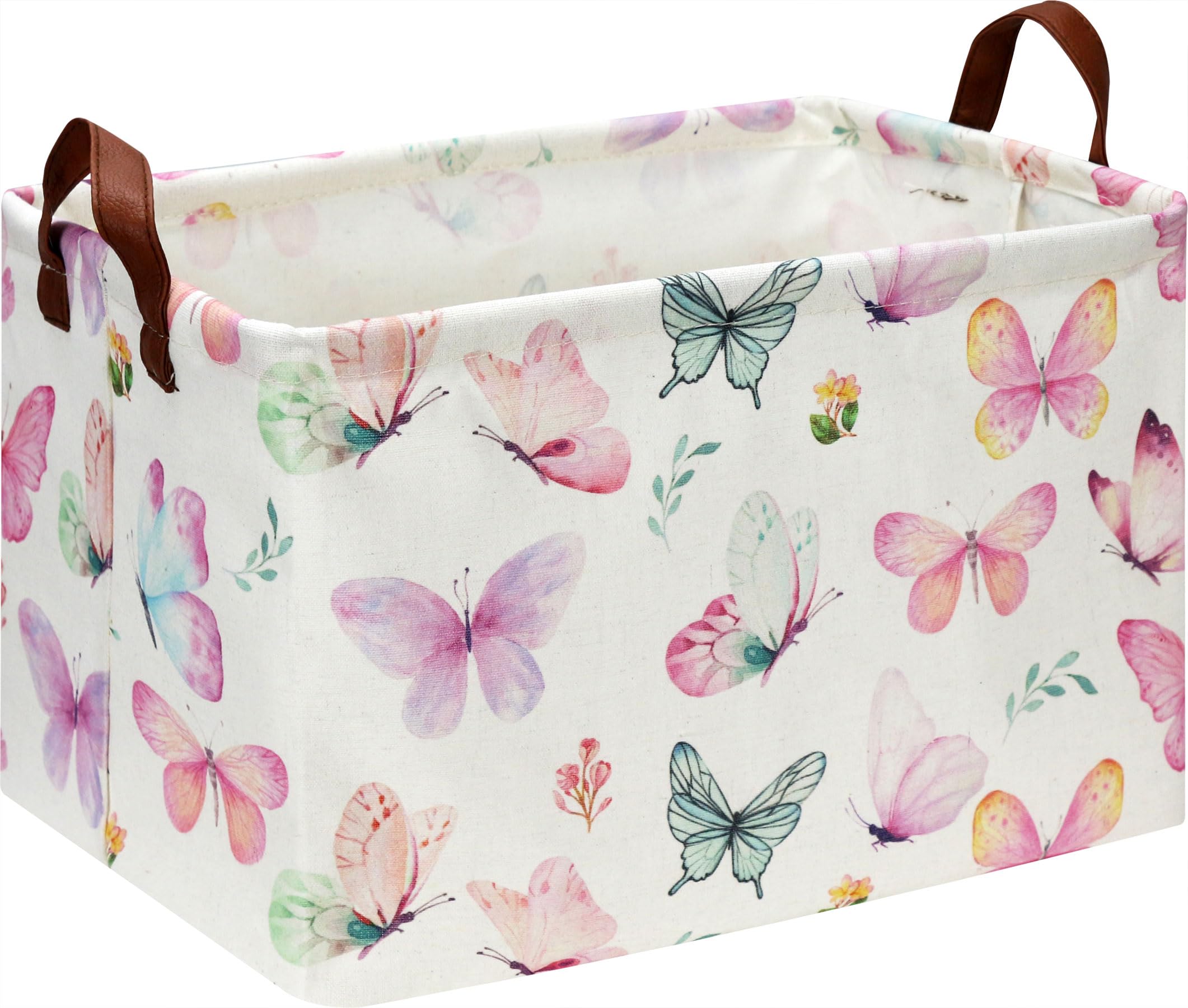 HKEC rectangle pink butterfly storage basket with handles for portable toy organization.