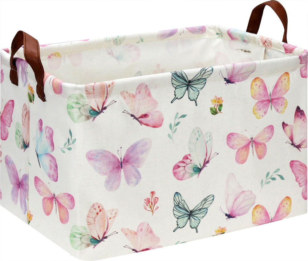 HKEC rectangle pink butterfly storage basket with handles for portable toy organization.