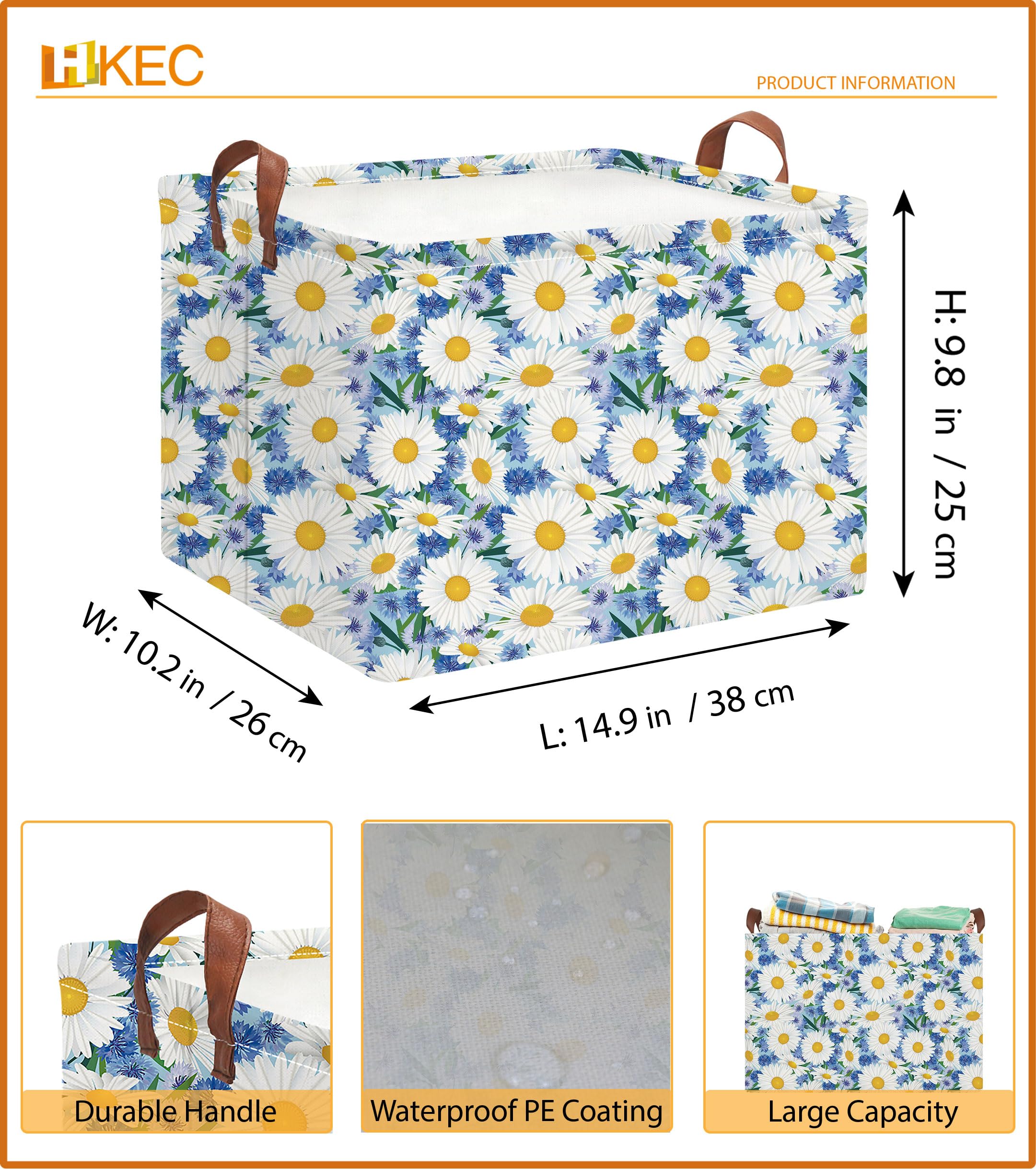 HKEC blue daisy basket shows sturdy handles for quick carrying around the home.