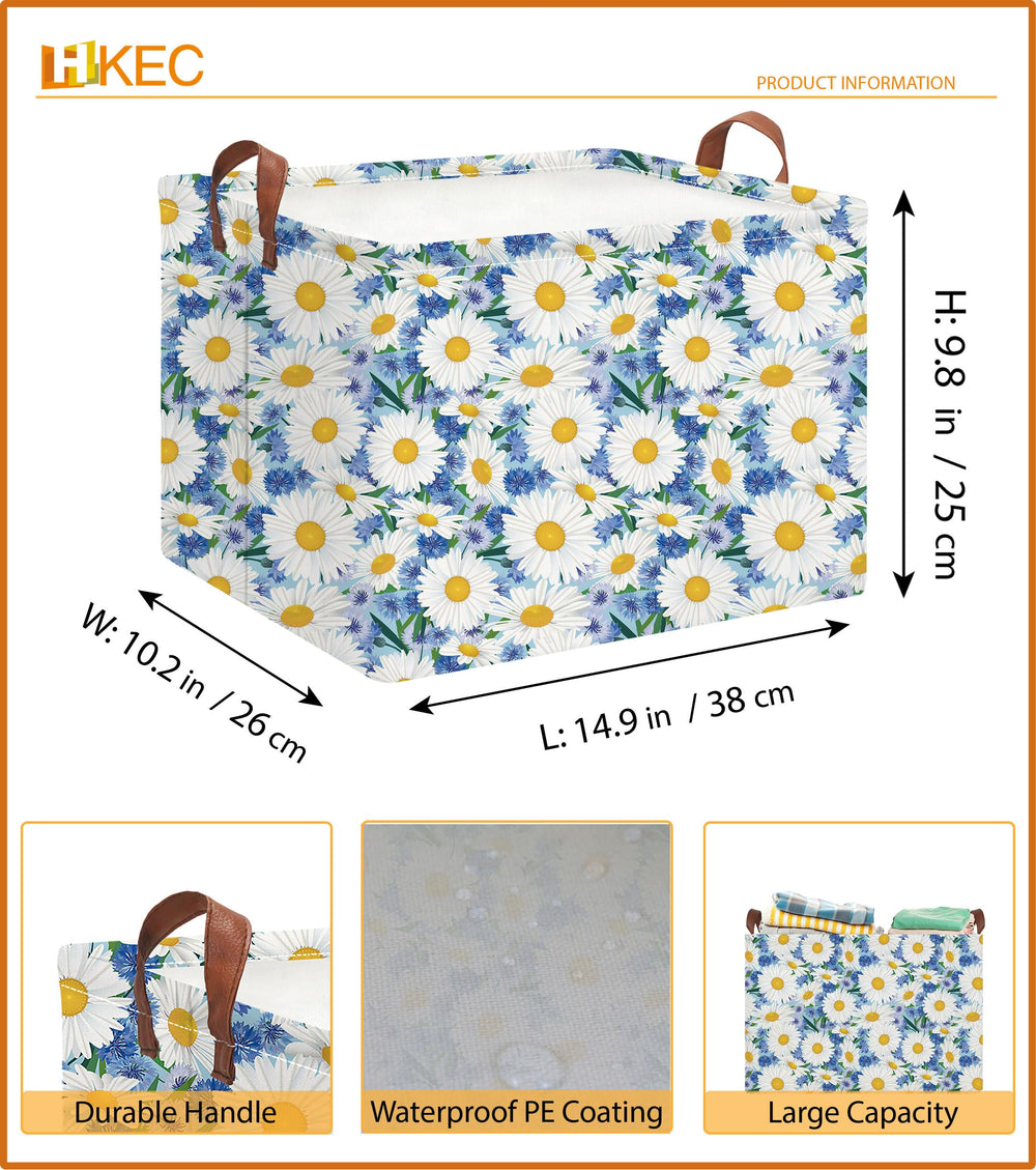 HKEC blue daisy basket shows sturdy handles for quick carrying around the home.