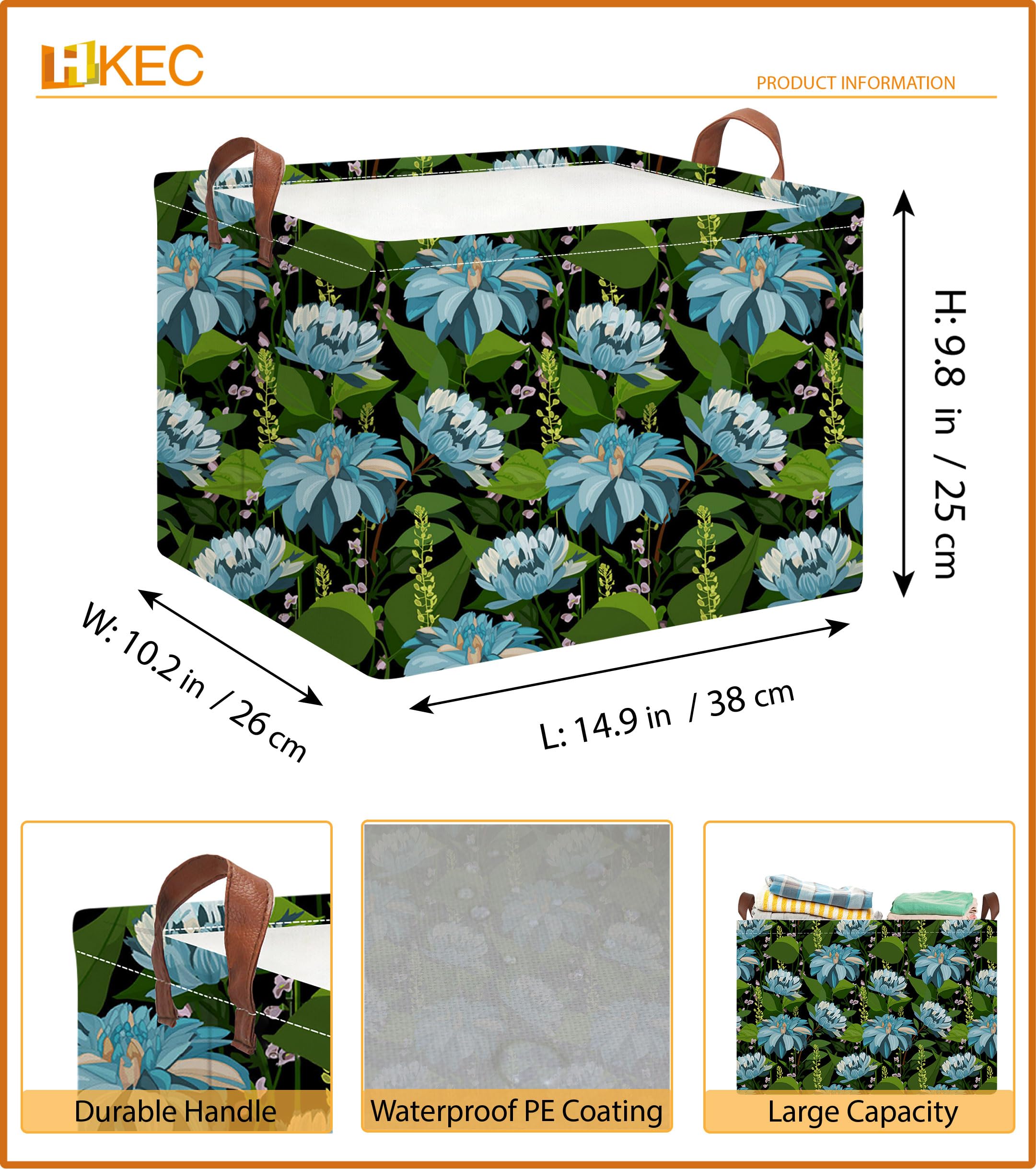 HKEC Rectangle Storage Basket with blue flower pattern open view shows collapsible design for space-saving storage.
